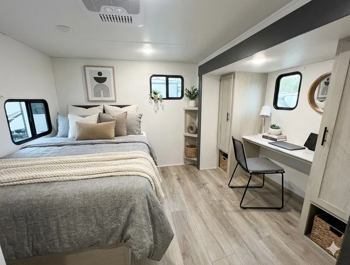 A staged travel trailer bedroom with a made bed and a desk workspace